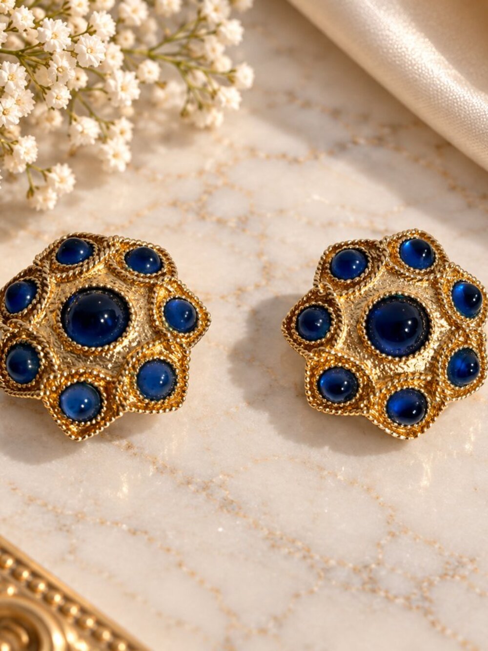 Vintage Guy Laroche Cobalt Blue Glass Cabochon Clip-On Earrings Gold Tone